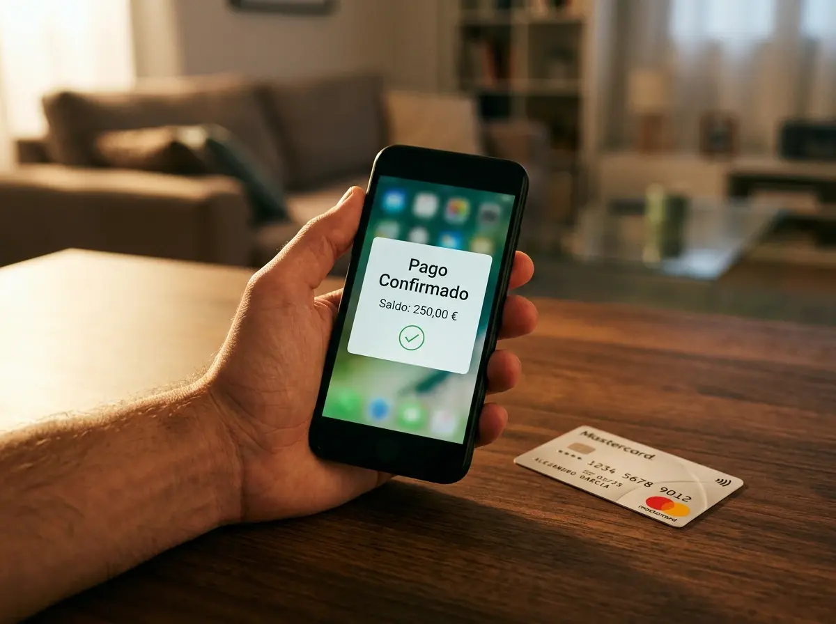 Proceso de depósito con Mastercard en casas de apuestas españolas mostrando tarjeta y pantalla de operador