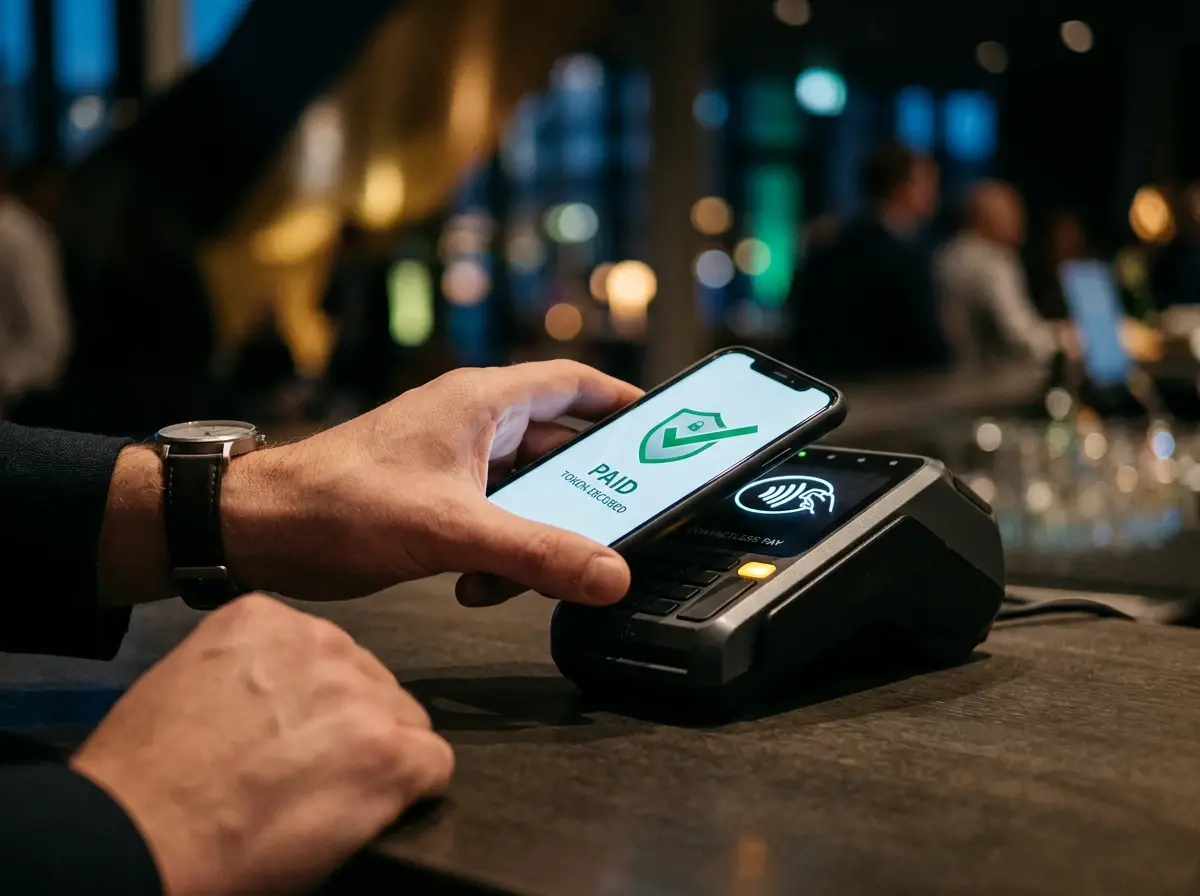 Persona realizando un pago con el móvil mediante tecnología contactless y tokenización para apuestas deportivas