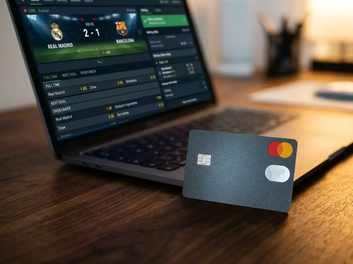 Tarjeta Mastercard sobre una mesa junto a un ordenador portátil mostrando apuestas deportivas en España