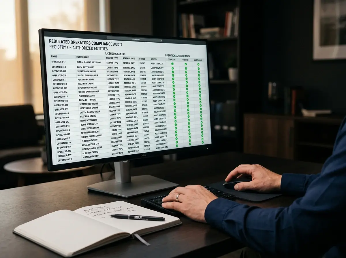 Analista revisando una lista de operadores de apuestas con licencia DGOJ en un monitor